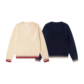 AMIPARIS Knitted Striped V-Neck Drop-Shoulder Wool Sweater-5156  